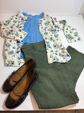 Eddie Bauer Cream Floral Cotton Cardigan Blue Brown Flowers XL NWT
